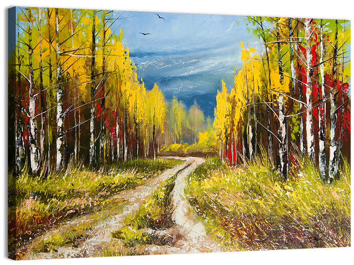 Autumn Birch Path with Two Birds Wall Art as a canvas print