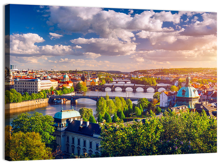 Prague Golden Hour Over Charles Bridge Wall Art as a canvas print