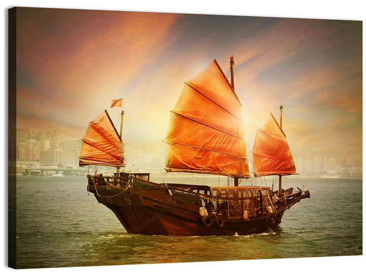 Red Sailed Junk at Victoria Harbour Wall Art
