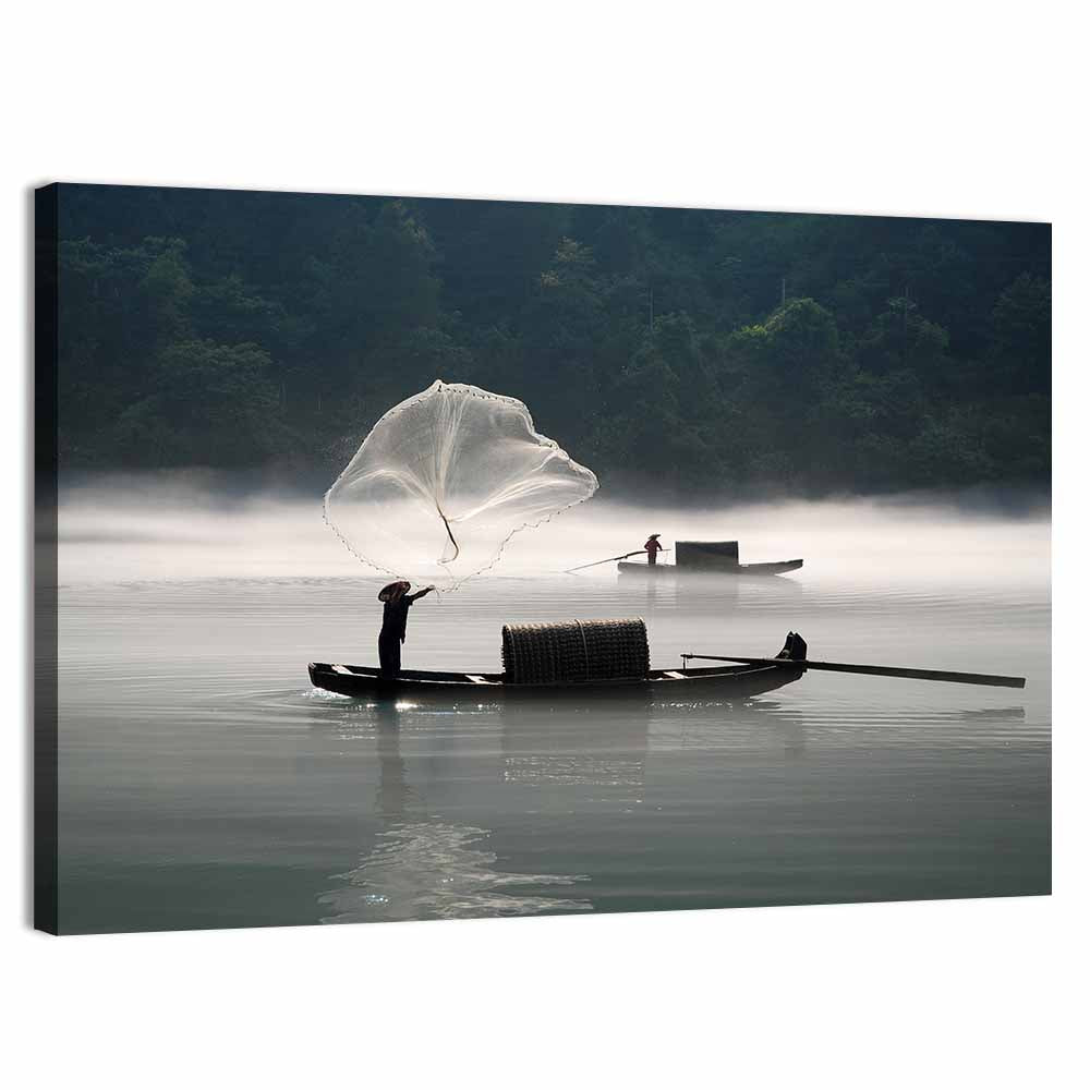Misty Lake Fisherman Wall Art, canvas print, landscape