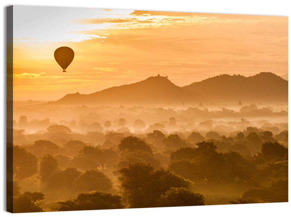 Hot Air Balloon Over Old Bagan Wall Art, canvas print, landscape