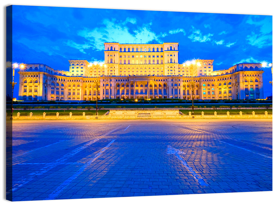 Palace of the Parliament at Twilight Wall Art, canvas print, landscape