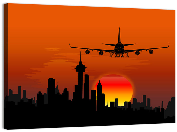 Approaching Jet Over Sunset Skyline Wall Art as a canvas print