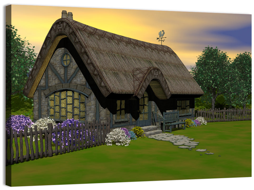 Country Cottage with Thatched Roof Wall Art, canvas print, landscape