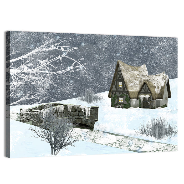 Starry Winter Cottage and Frozen Stream Wall Art as a canvas print