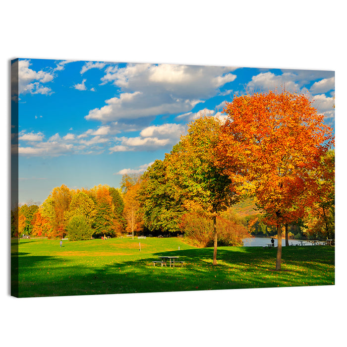 Autumn Trees and Lakeside Lawn Wall Art as a canvas print