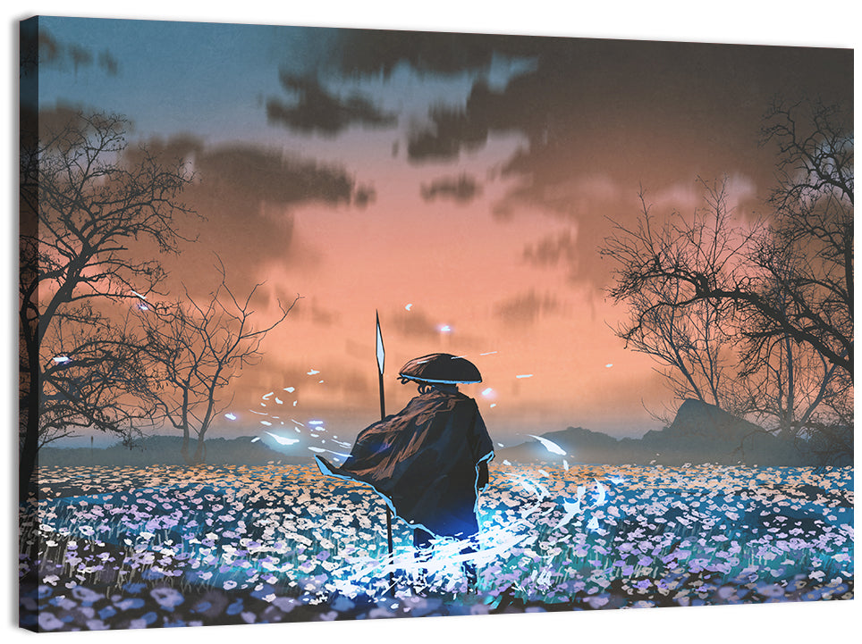 Straw Hat Samurai at Dusk Wall Art, canvas print, landscape