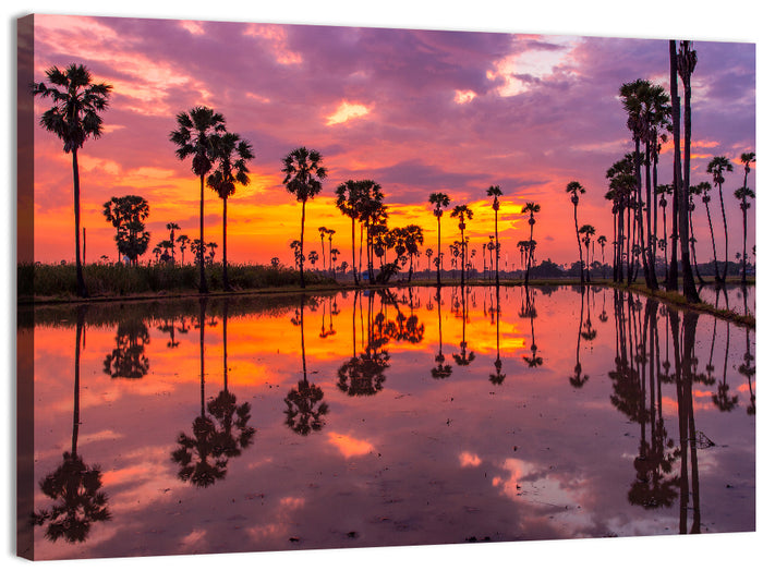 Palm Trees Sunset Reflection Wall Art as a canvas print