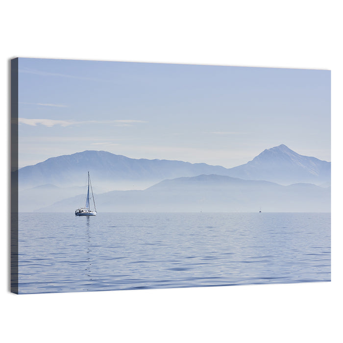 Sailboat and Misty Mountains Wall Art as a canvas print