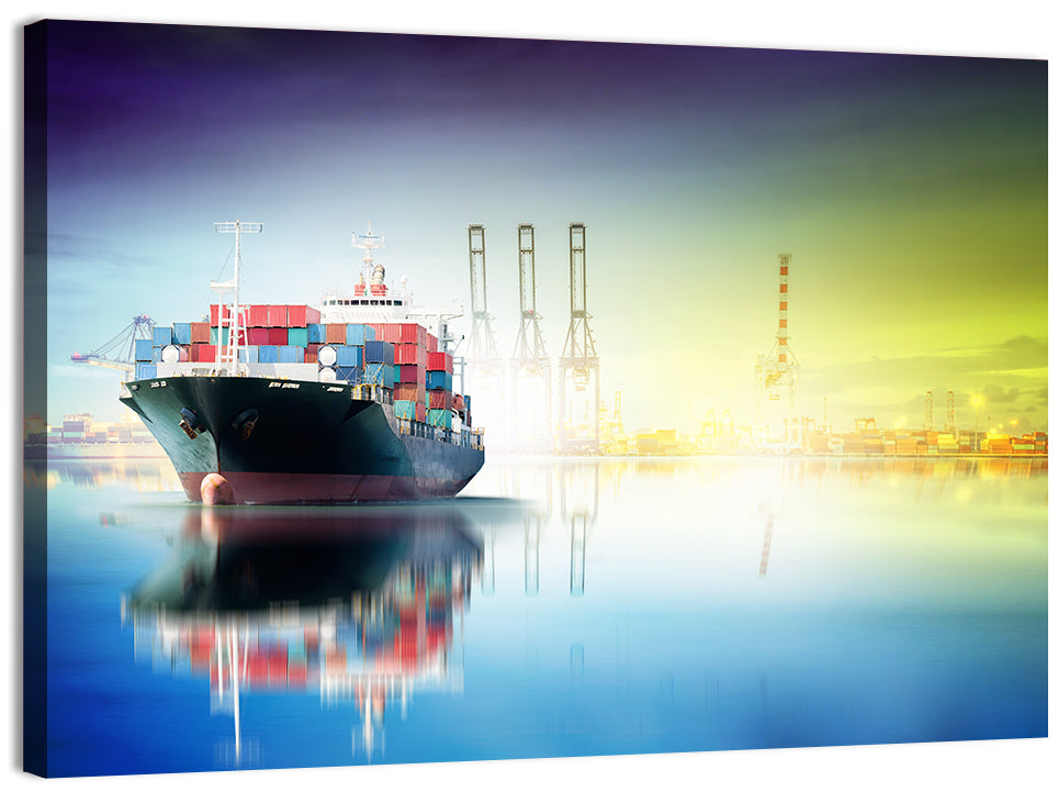 Harbor Cargo Ship with Reflection Wall Art, canvas print, landscape