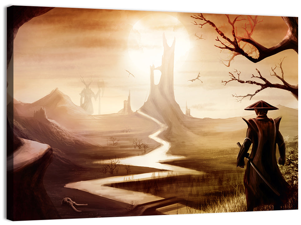 Silhouetted Samurai at Distant Tower Wall Art, canvas print, landscape