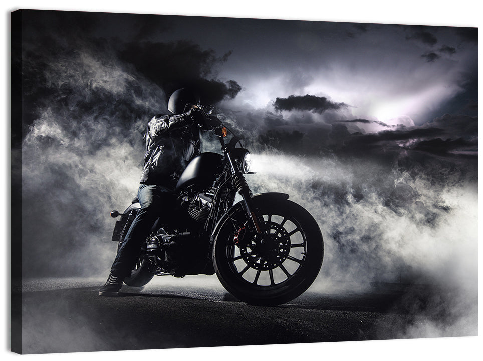 Motorcyclist in Fog at Night Wall Art, canvas print, landscape