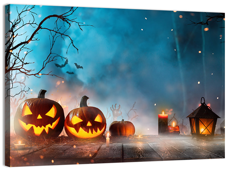 Foggy Halloween Pumpkins Wall Art, canvas print, landscape