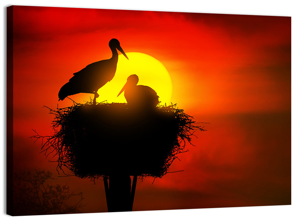 Storks in Nest at Sunset Wall Art, canvas print, landscape