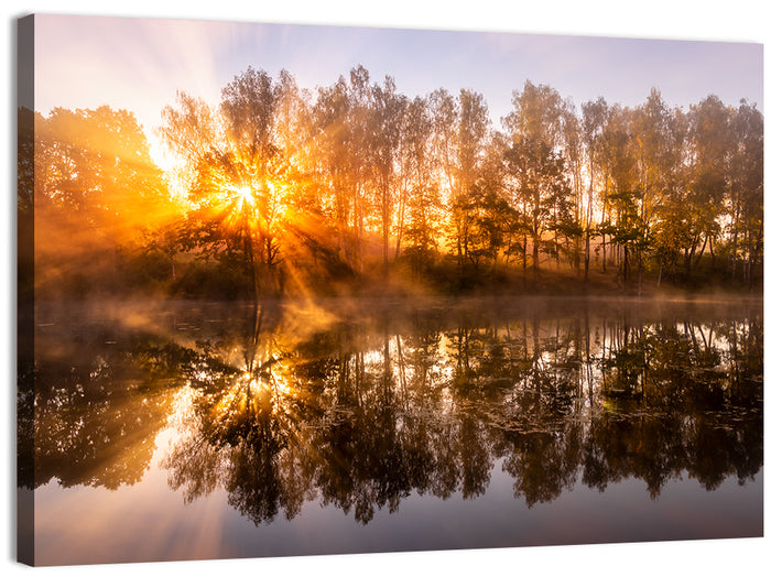 Misty Sunrise Over Pond Wall Art as a canvas print