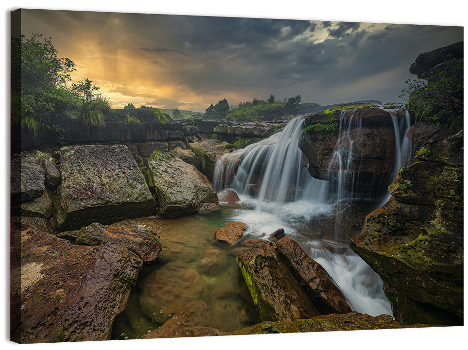 Mossy Rocks Waterfall at Golden Sky Wall Art, canvas print, landscape