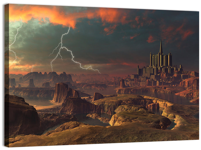 Dusk Storm Over Alien Fortress Wall Art as a canvas print