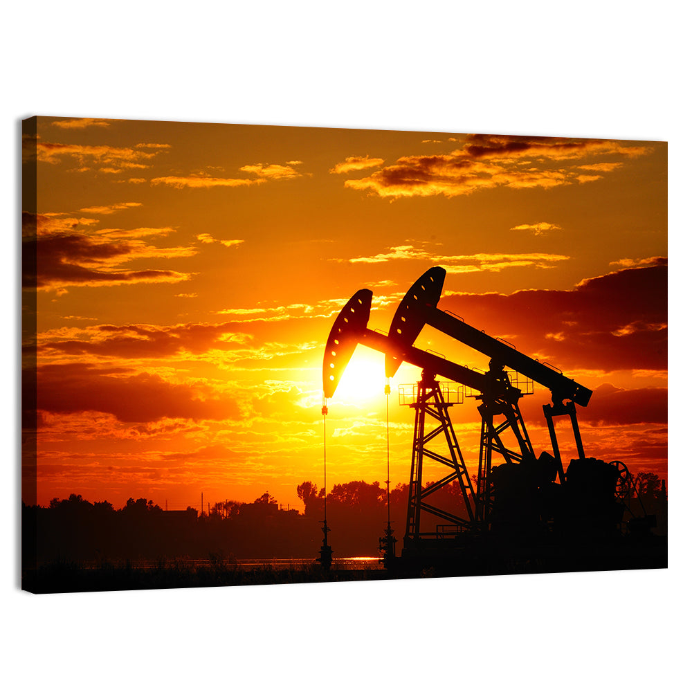 Sunset Oil Pump Jacks Wall Art, canvas print, landscape