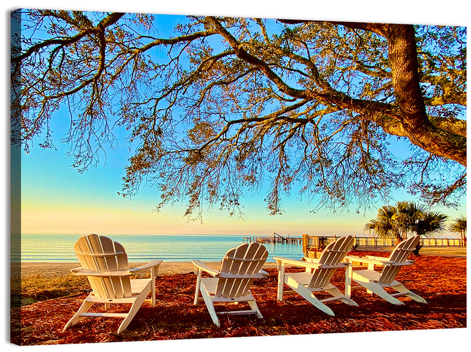 Mobile Bay Adirondack Chairs at Sunrise Wall Art, canvas print, landscape