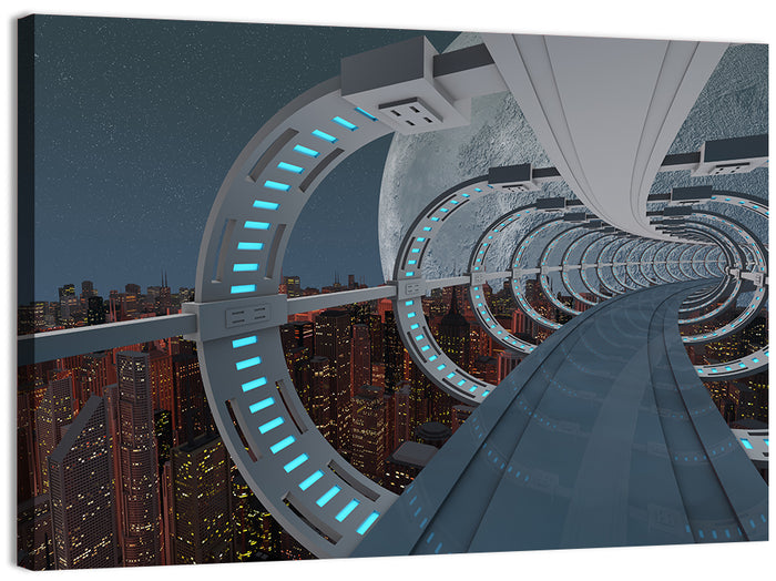Futuristic City Tunnel with Moon Wall Art as a canvas print