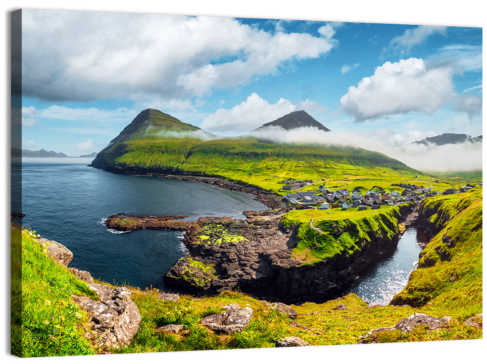 Gjógv Harbor Coastal Village Wall Art, canvas print, landscape