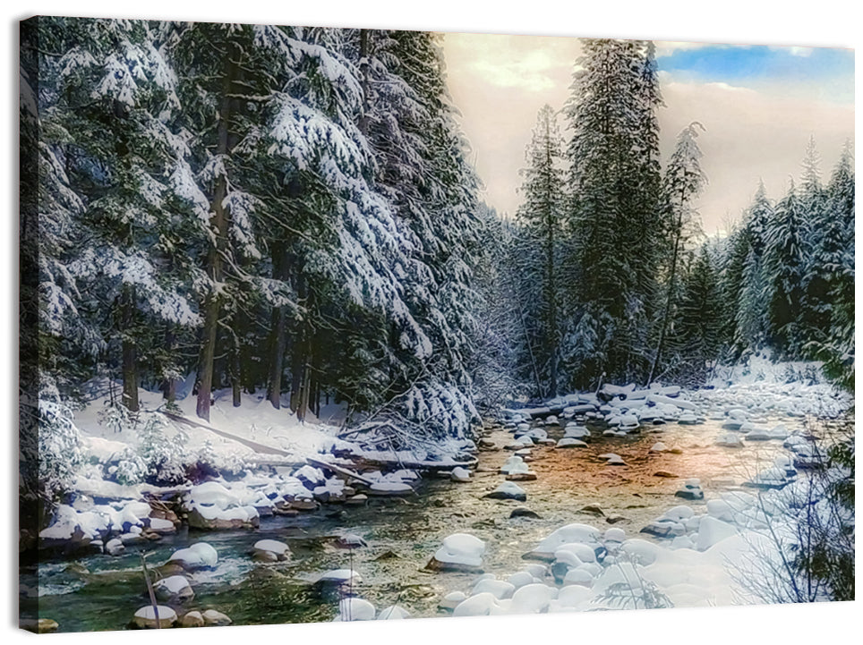 Winter Creek in Snowy Pines Wall Art, canvas print, landscape