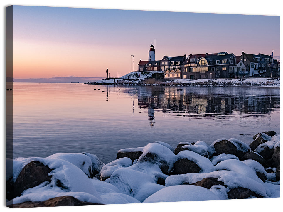 Urk Lighthouse Winter Twilight Harbor Wall Art, canvas print, landscape