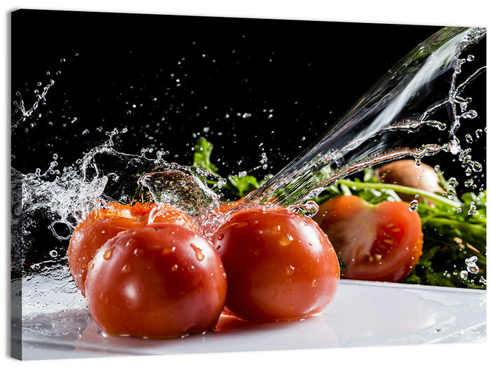 Tomatoes with Water Splash Wall Art as a canvas print