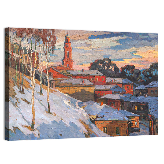 Snowy Village with Church Tower Wall Art as a canvas print