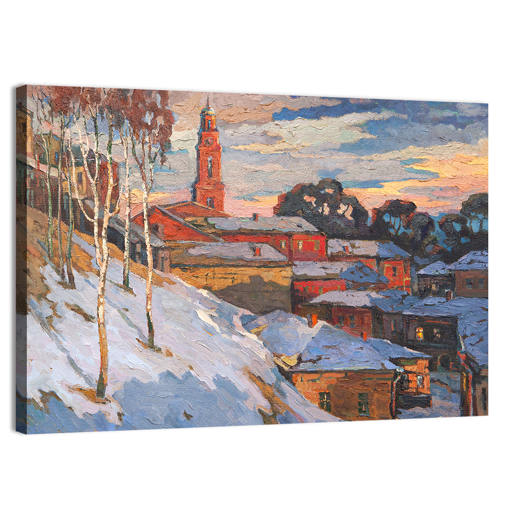 Snowy Village with Church Tower Wall Art, canvas print, landscape