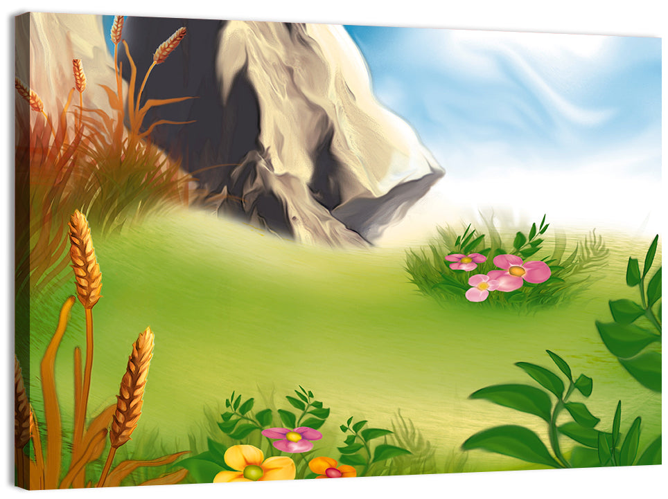 Sunny Mountain Meadow Illustration Wall Art, canvas print, landscape