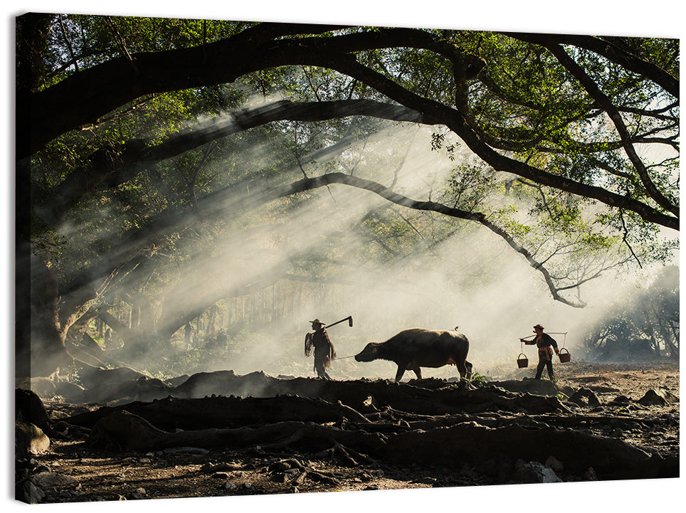 Village Morning with Buffalo Wall Art, canvas print, landscape