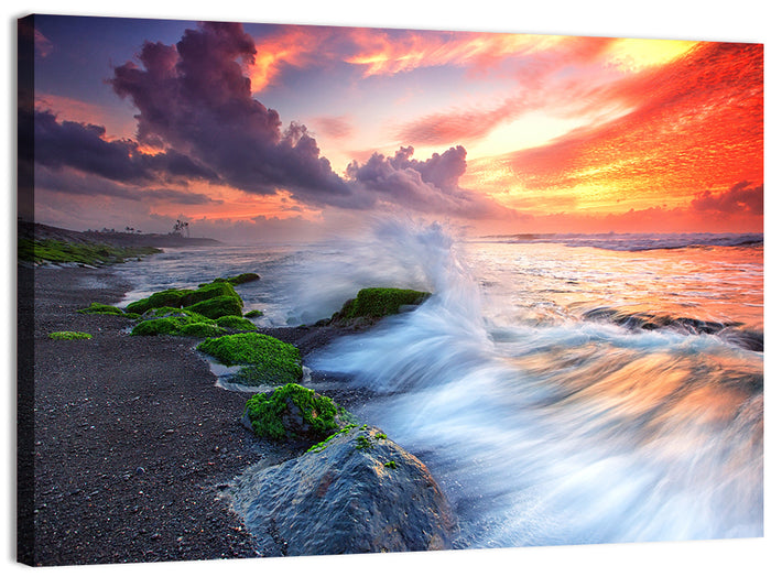 Ocean Waves Under Burning Sky Wall Art as a canvas print