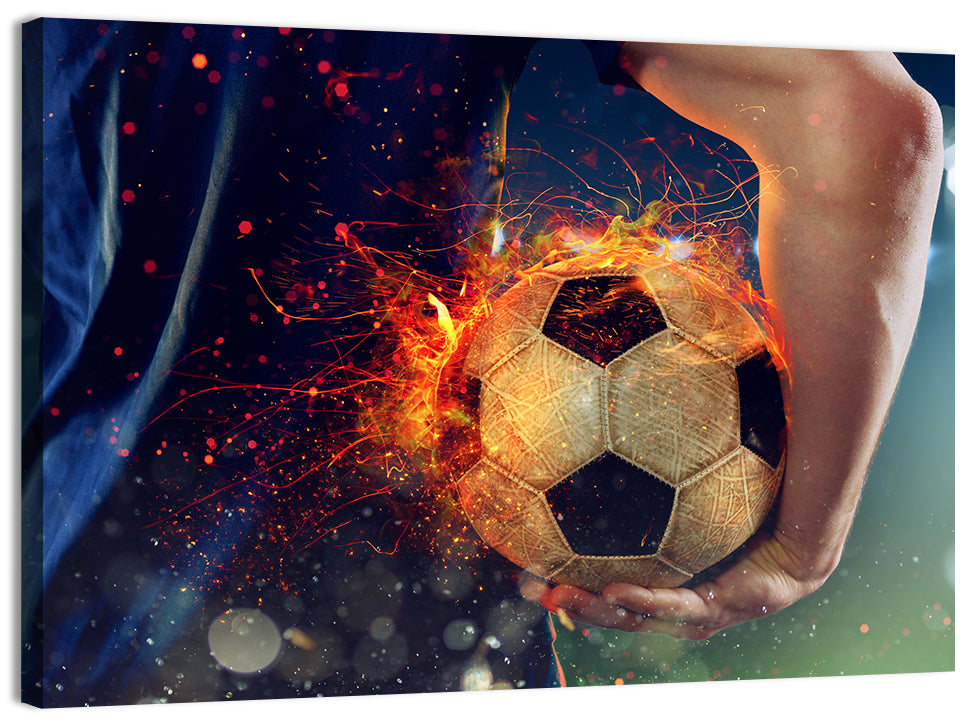 Fiery Soccer Ball and Blue Jersey Player Wall Art, canvas print, landscape