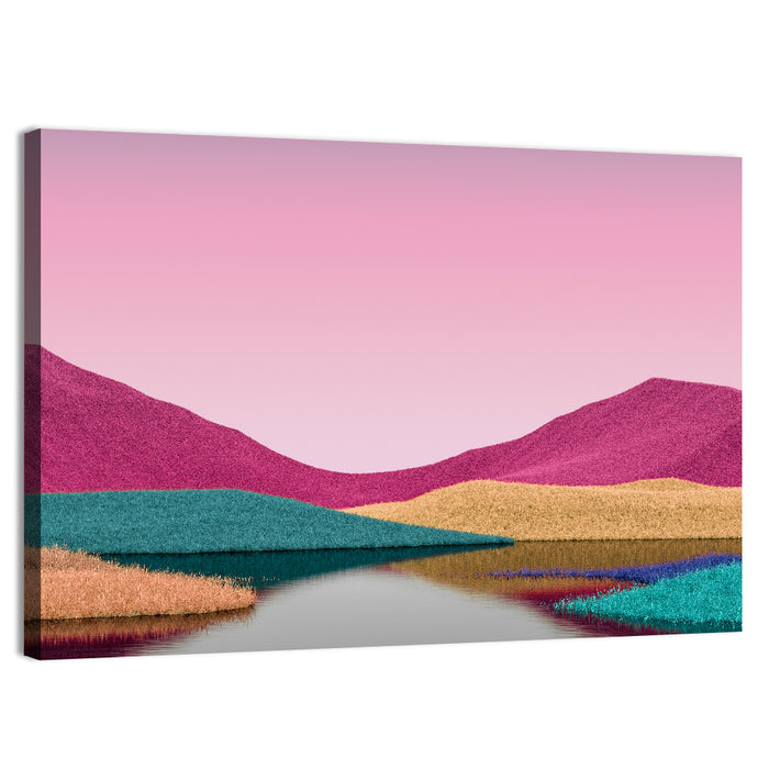 Surreal Magenta Mountain Lake Wall Art as a canvas print