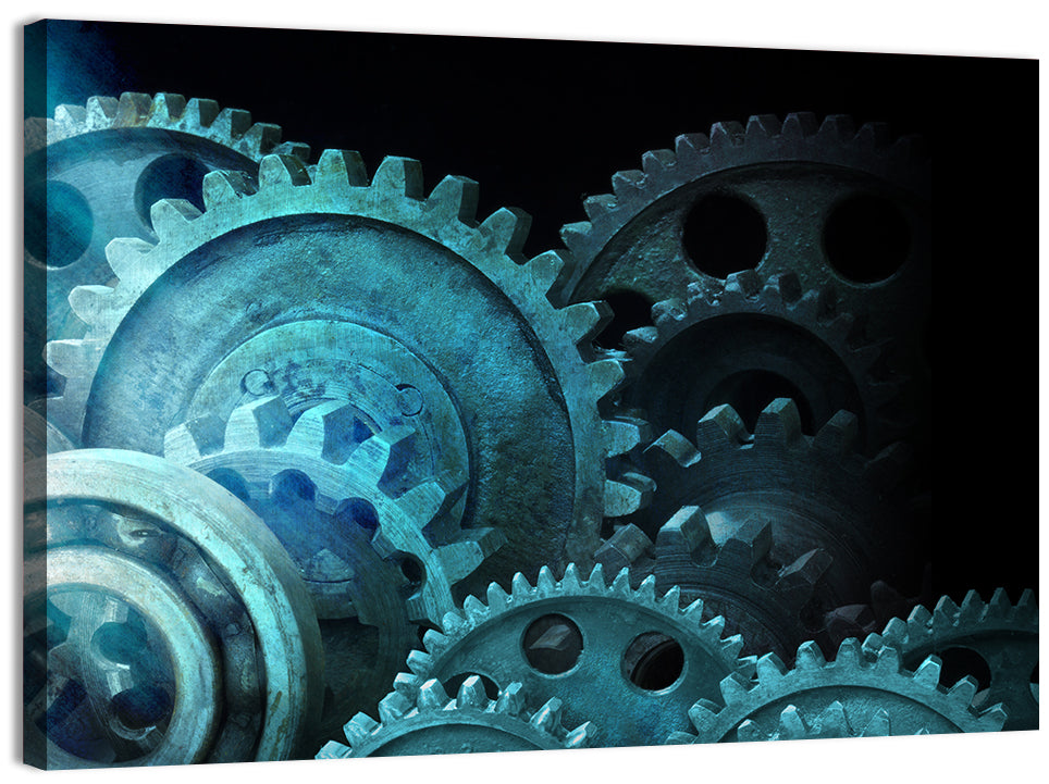 Teal and Steel Cogwheel Close-up Wall Art, canvas print, landscape
