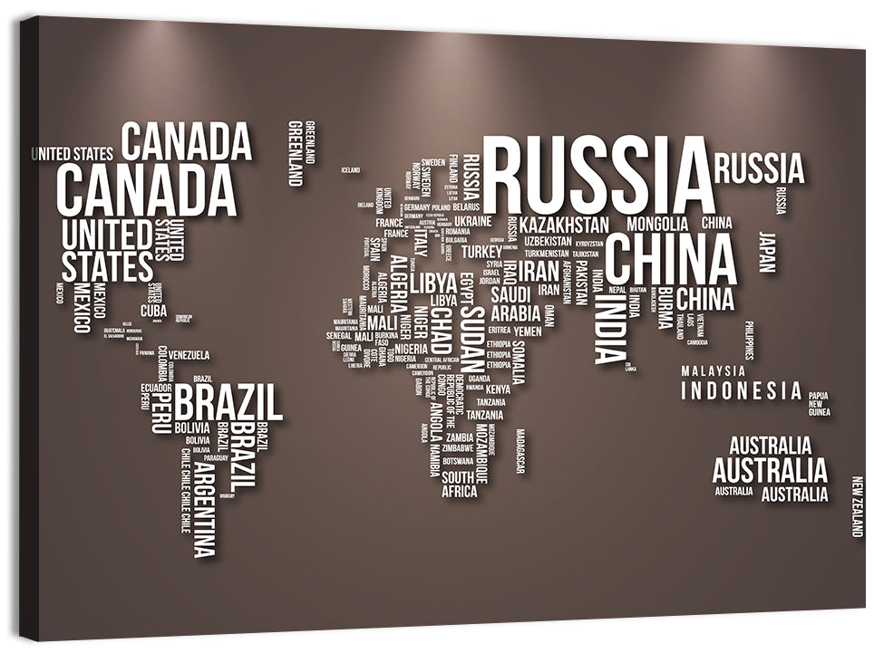 World Map Typography in Brown and White Wall Art, canvas print, landscape