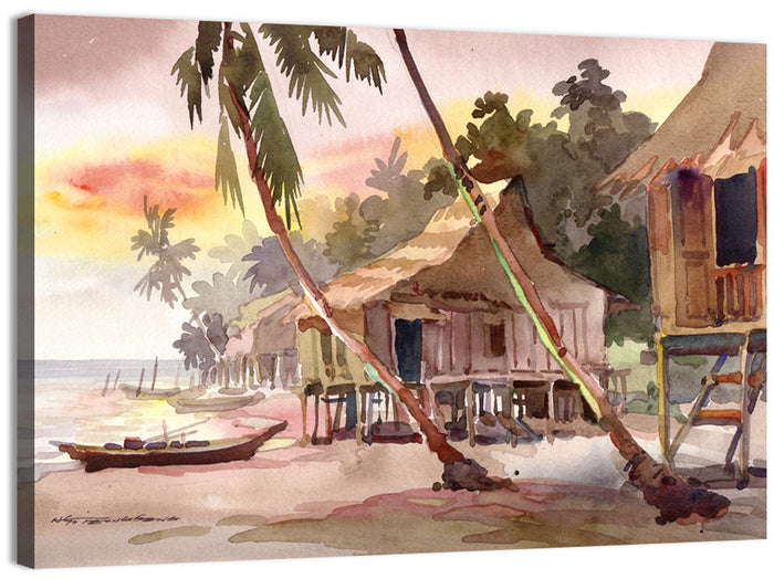 Malaysian Coastal Village at Sunset Wall Art as a canvas print