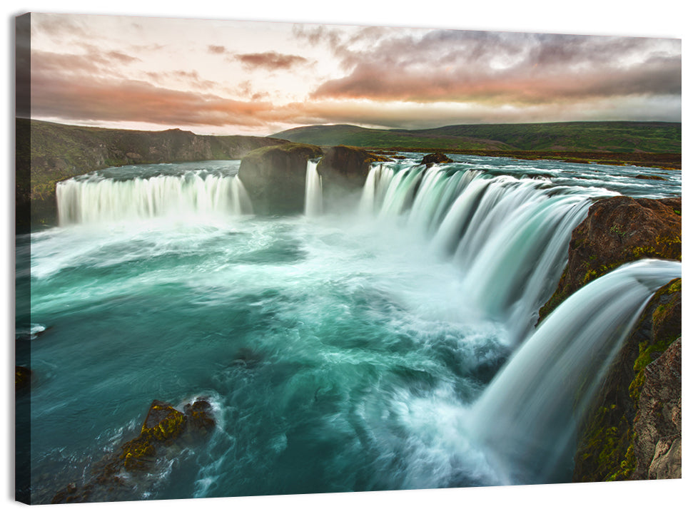 Goðafoss Waterfall at Golden Hour Wall Art, canvas print, landscape
