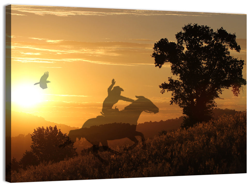 Cowboy Silhouette at Golden Sunset Wall Art, canvas print, landscape