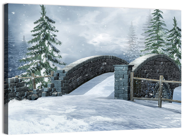 Snowy Stone Bridge in Winter Forest Wall Art as a canvas print