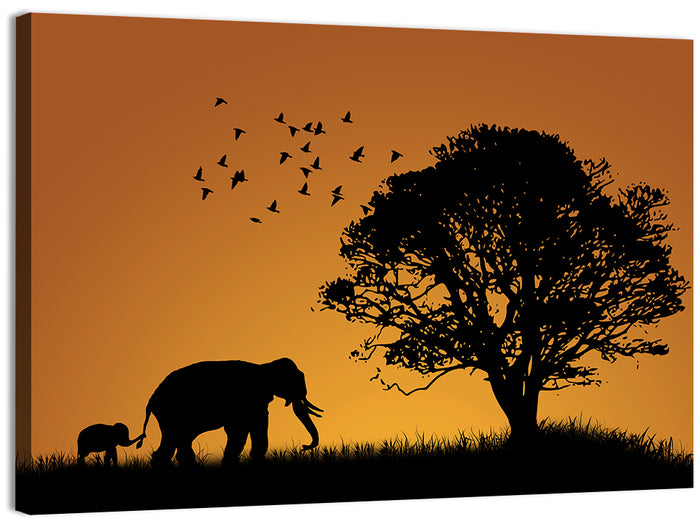 Elephant Family at Golden Sunset Wall Art as a canvas print