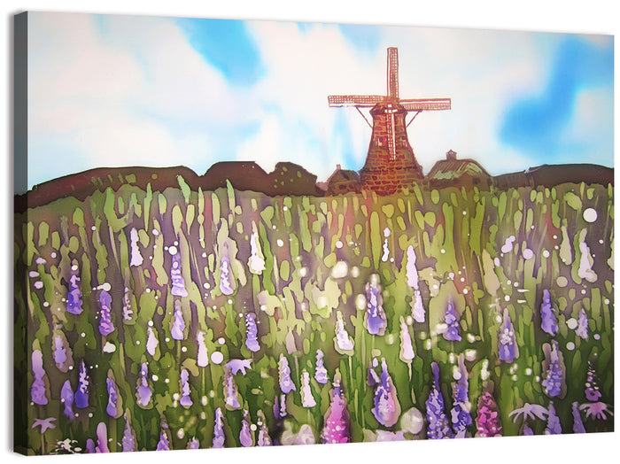 Ink Wash Windmill in Blooming Field Wall Art as a canvas print