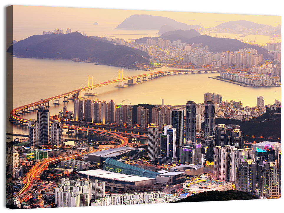 Busan Dusk Aerial Skyline with Gwangan Bridge Wall Art, canvas print, landscape