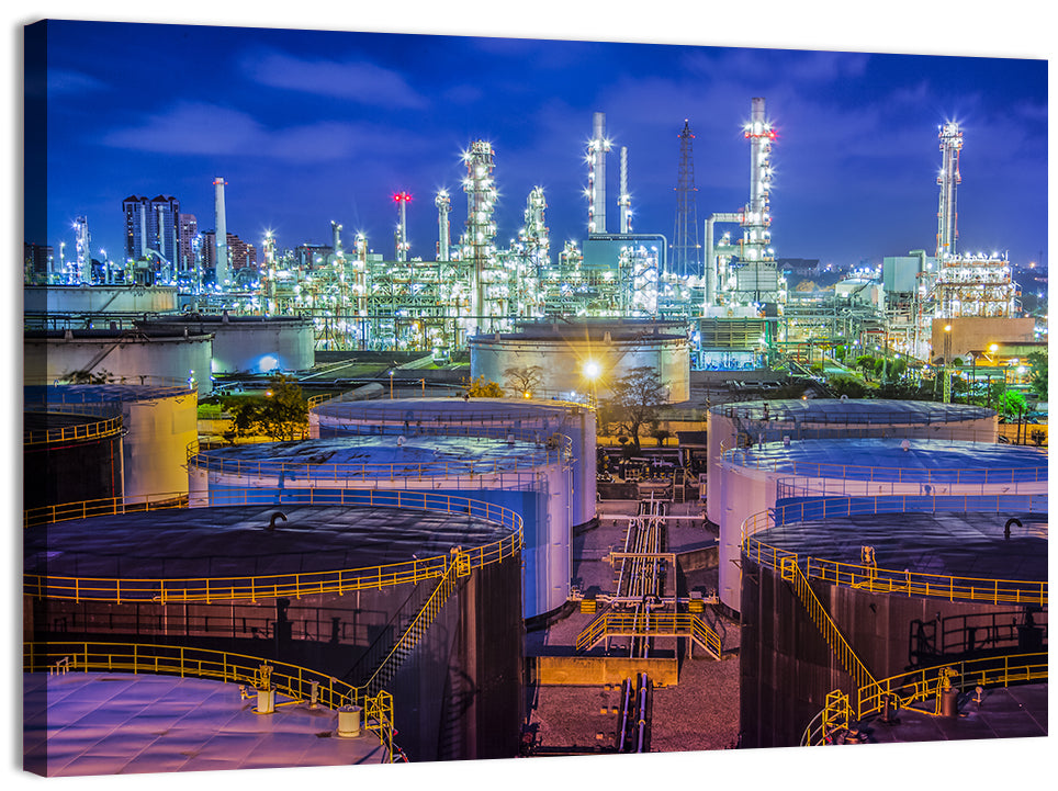 Illuminated Oil Refinery at Twilight Wall Art, canvas print, landscape