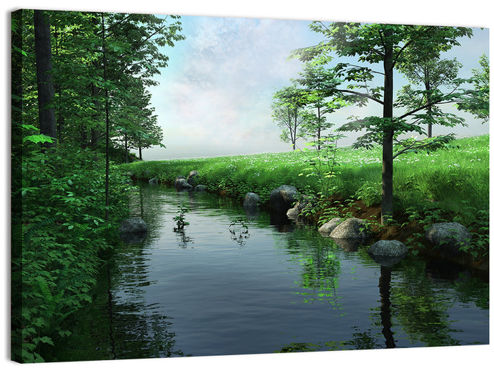 Tranquil Meadow Stream with Wildflowers Wall Art as a canvas print