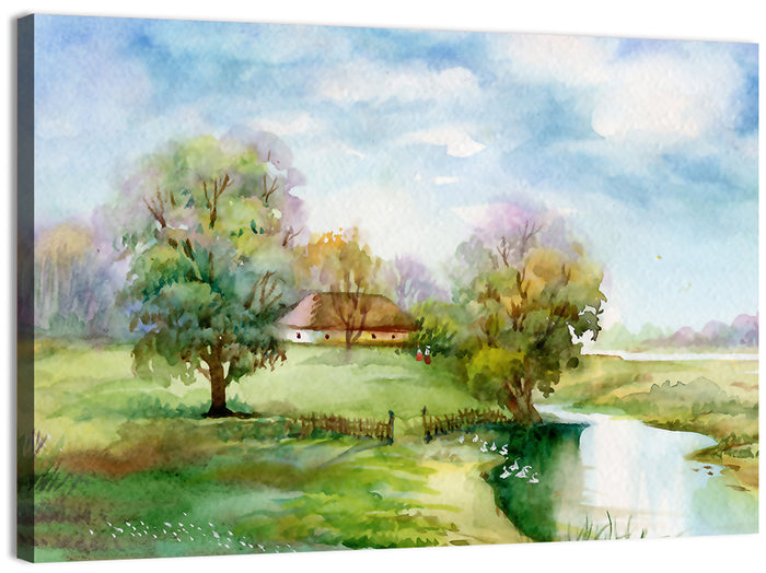 Spring Cottage by the Stream Wall Art as a canvas print