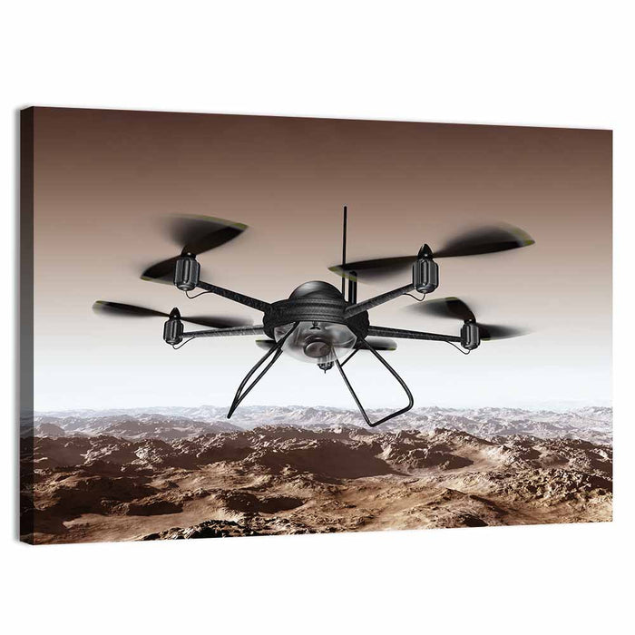 Spy Drone Over Arid Landscape Wall Art as a canvas print