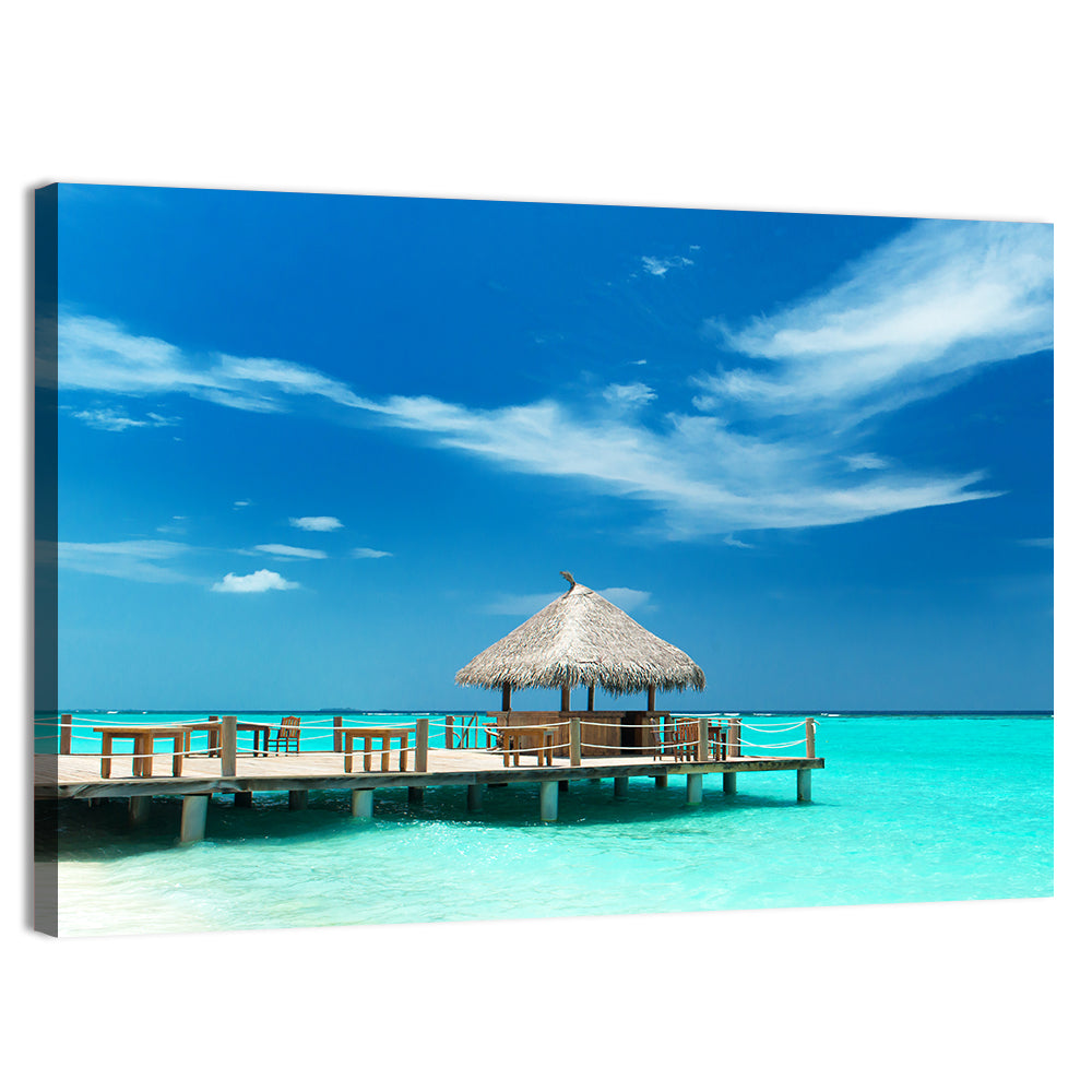 Thatched Beach Bar Pier Wall Art, canvas print, landscape