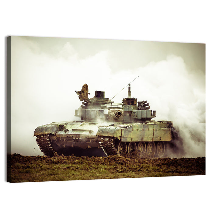 Camouflaged Battle Tank in Smoke Wall Art as a canvas print
